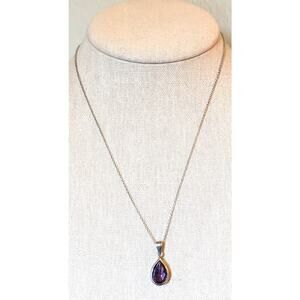925 Sterling Silver Amethyst Teardrop Beaded Side Pendant 18" Necklace